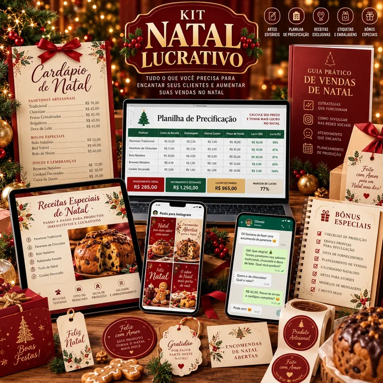 Kit Natal Lucrativo com cardápios, planilha, receitas e artes de divulgação
